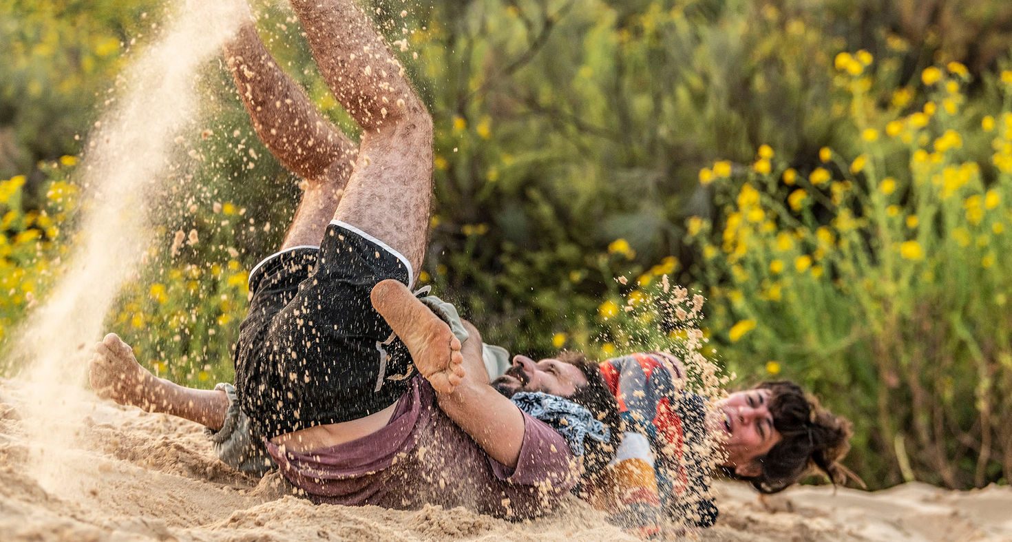 נופלים לתוך פרחים צהובים